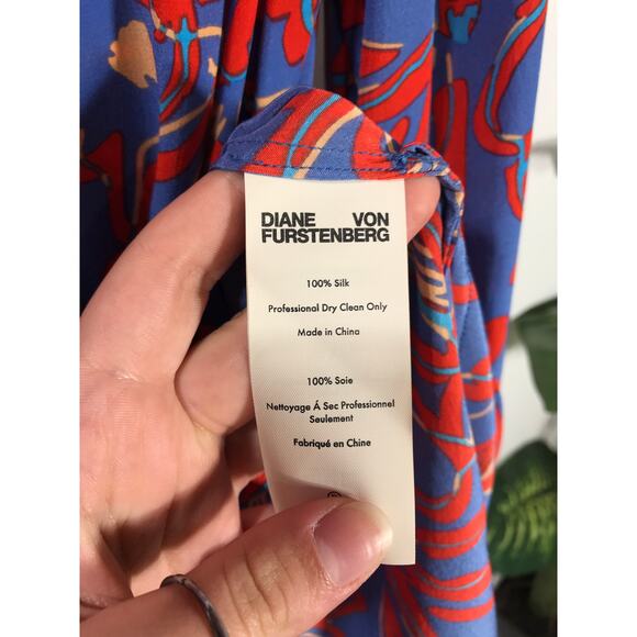 Diane von Frurstenberg 100% Silk Dress Eldsen Blue Red Floral Print Long Sleeve - Picture 7 of 11